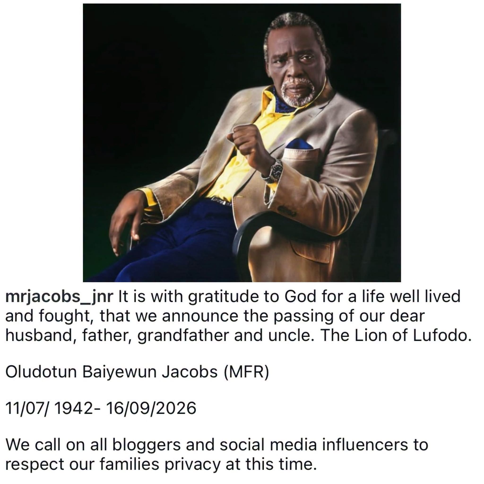 Veteran actor Olu Jacobs dies at 84